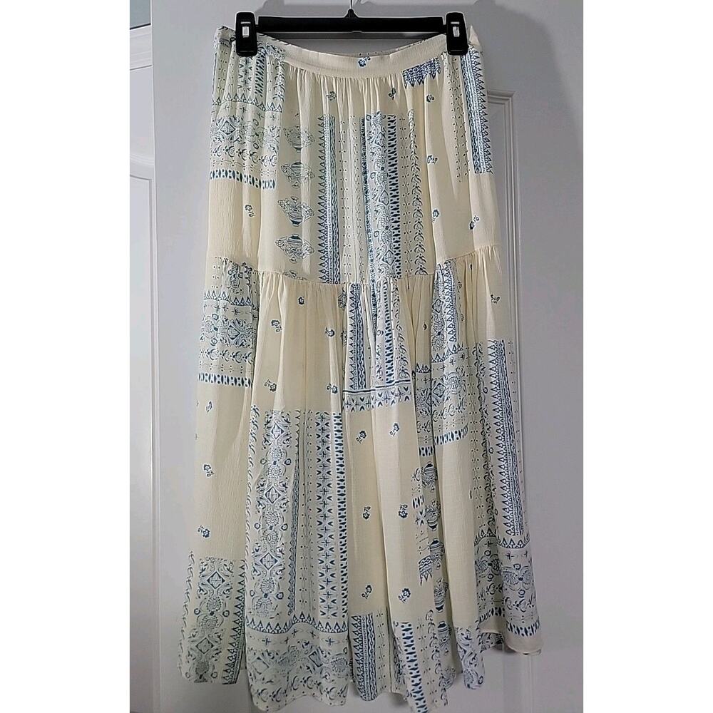 Ba&sh‎ Lady Skirt Women Sz M Londer Midi Ecru Blue Folklore Block Print Bash EUC